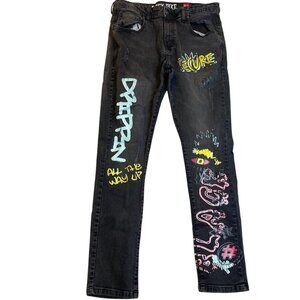 Black Pike Men's Jeans 34x29 Measured with Colorful Graphic Print Hemmed Grunge